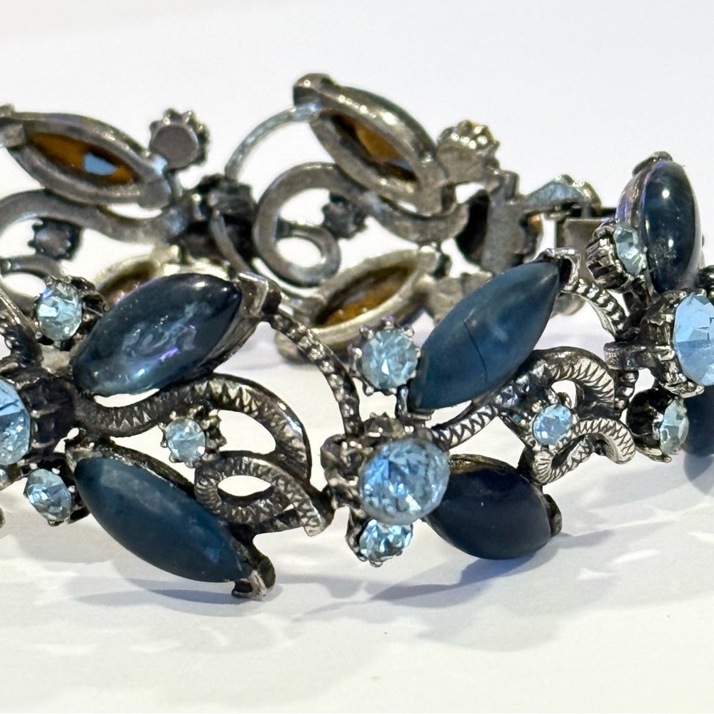 Vintage Florenza Blue Rhinestone Navette Marquise Bracelet Silver Tone Statement - Picture 6 of 16